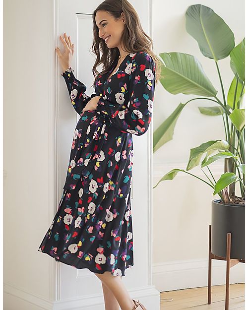 Seraphine Maternity Dress - Floral - Black - V-Neck - Viscose Dresses_