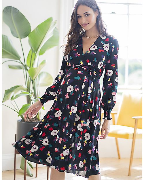 Seraphine Maternity Dress - Floral - Black - V-Neck - Viscose Dresses_