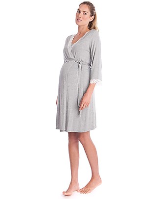 Seraphine Piper, Lace Trim Maternity & Nursing Dressing Gown - Soft Grey Marl Nightdress