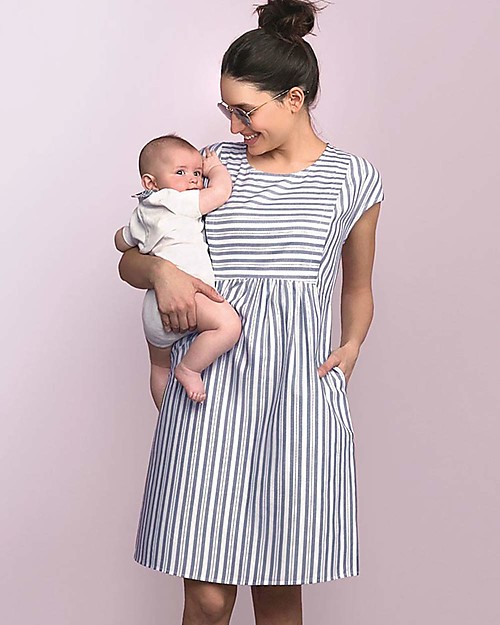 Seraphine Presley, Maternity and Nursing Dress, Light Blue/White Stripes -  100% cotton woman