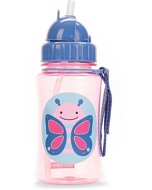 Skip Hop Zoo Straw Bottle for Kids, Butterfly - Flip-top Lid! Non-Thermal Water Bottles
