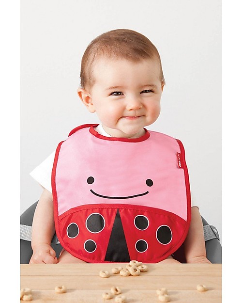 Skip Hop Zoo Tuck-Away Bib with Pocket, Ladybug - Water-resistant, easy to store when dirty! Waterproof Bibs