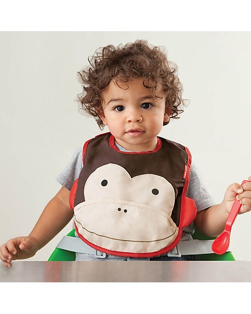 Skip Hop Zoo Tuck-Away Bib with Pocket, Monkey - Water-resistant, easy to store when dirty! Waterproof Bibs