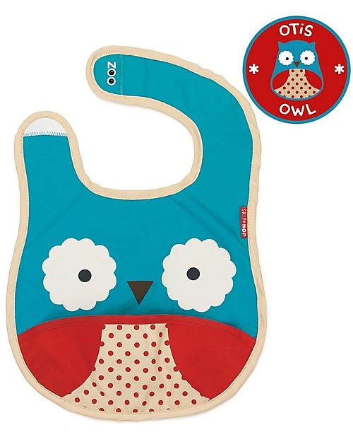 Skip Hop Zoo Tuck-Away Bib with Pocket, Owl - Water-resistant, easy to store when dirty! Waterproof Bibs