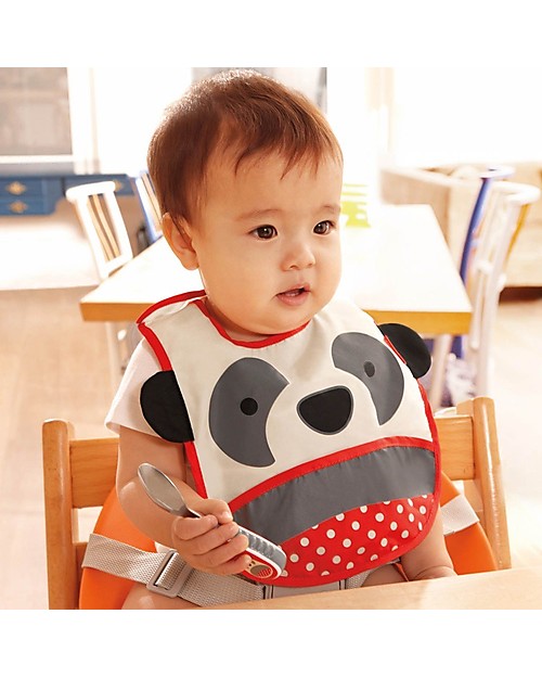 Skip Hop Zoo Tuck-Away Bib with Pocket, Panda - Water-resistant, easy to store when dirty! Waterproof Bibs