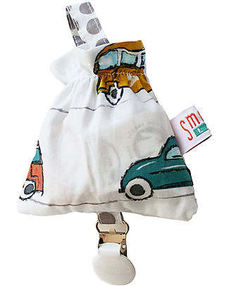SmomLab Pippo Pacifier Clip with Holder - White Cars Dummies & Soothers