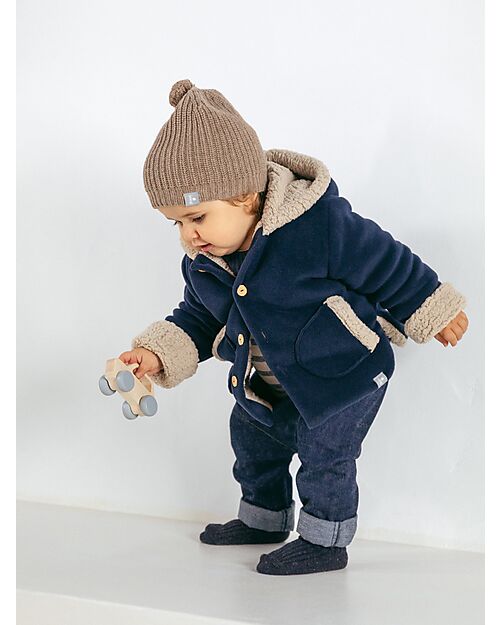 Snug Fleece Hooded Jacket - Navy Blue and Camel/Beige - made with Recycled Materials Jackets