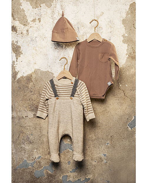 Snug Long Sleeve Shirt - Sand with Stripes - 100% Organic Cotton Long Sleeves Tops