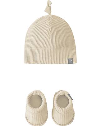 Snug Ribbed Jersey Booties and Hat Set - Sand - Organic Cotton Newborn Hats