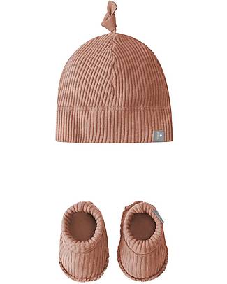 Snug Ribbed Jersey Booties and Hat Set - Terracotta - Organic Cotton Newborn Hats