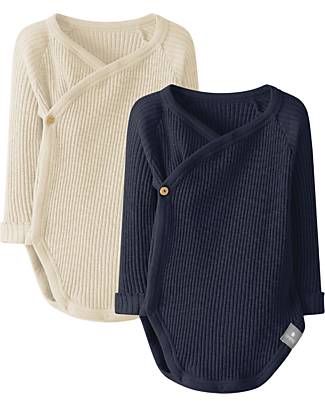 Snug Set 2 Crossover Bodysuits - Sand Blue Navy - Organic Cotton Long Sleeves Bodies