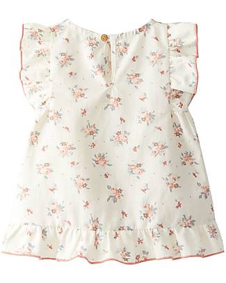 Snug Short-Sleeved Dress Ruffles - White - Peach Trim and Floral Pattern - Organic Cotton Dresses_