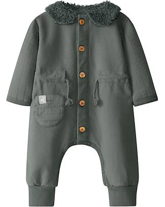 Snug Winter Romper with Fur Collar - Petrol Blue - Organic Cotton - with Wooden Buttons Snowsuits