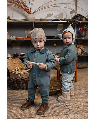 Snug Winter Romper with Fur Collar - Petrol Blue - Organic Cotton - with Wooden Buttons Snowsuits