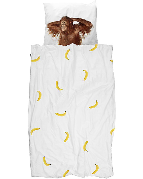 Snurk Bedding Set Duvet Cover and Pillowcase, Banana Monkey - Single Bed 140 x 200/220 cm - 100% Cotton Duvet Sets