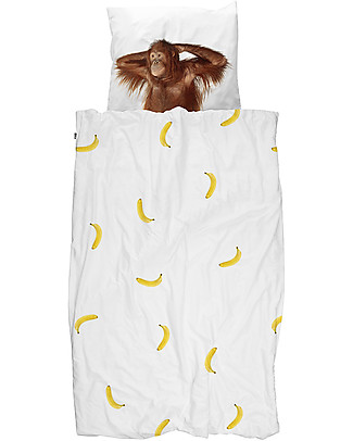 Snurk Bedding Set Duvet Cover and Pillowcase, Banana Monkey - Single Bed 140 x 200/220 cm - 100% Cotton Duvet Sets