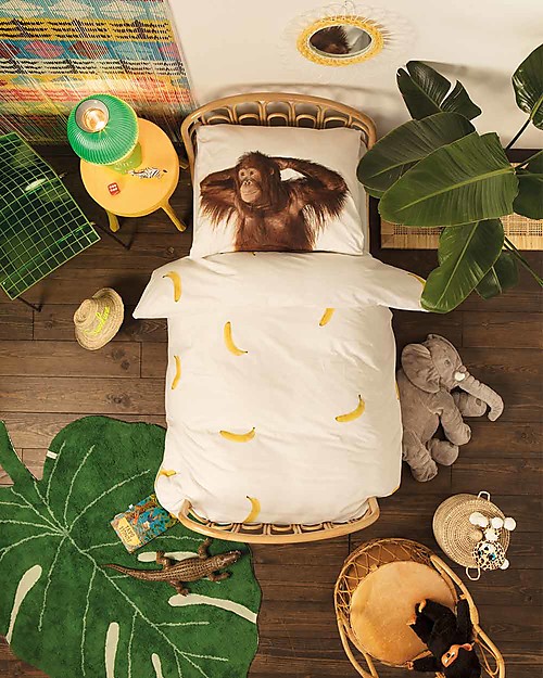 Snurk Bedding Set Duvet Cover and Pillowcase, Banana Monkey - Single Bed 140 x 200/220 cm - 100% Cotton Duvet Sets