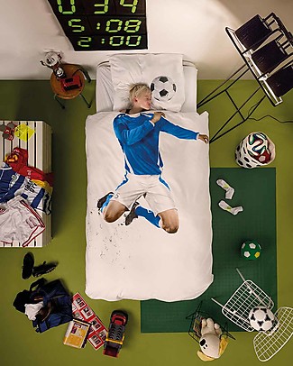 Snurk Bedding Set Duvet Cover and Pillowcase, Blue Soccer - Single Bed 140 x 200/220 cm - 100% Cotton Duvet Sets