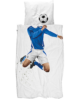 Snurk Bedding Set Duvet Cover and Pillowcase, Blue Soccer - Single Bed 155 x 220/240 cm - 100% Cotton Duvet Sets