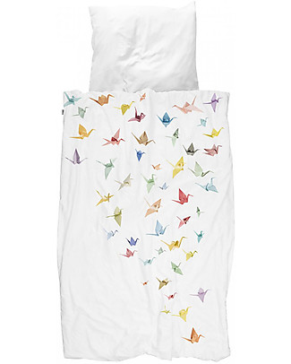 Snurk Bedding Set Duvet Cover and Pillowcase, Crane Bird - Single Bed 140 x 200/220 cm - 100% Cotton Duvet Sets