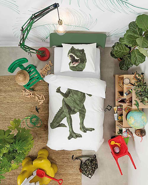 Snurk Bedding Set Duvet Cover and Pillowcase, Dino - Single Bed 140 x 200/220 cm - 100% Cotton Duvet Sets