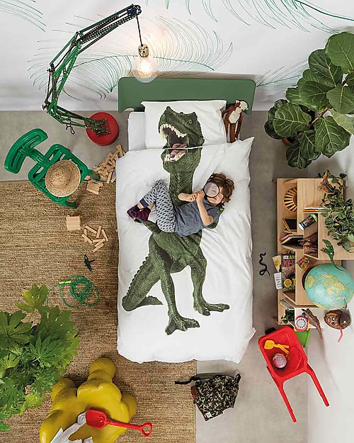 Snurk Bedding Set Duvet Cover and Pillowcase, Dino - Single Bed 140 x 200/220 cm - 100% Cotton Duvet Sets