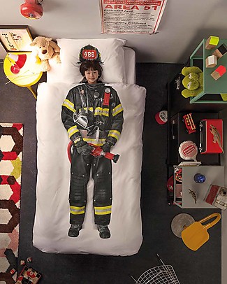 Snurk Bedding Set Duvet Cover and Pillowcase, Firefighter - Single Bed 140 x 200/220 cm - 100% Cotton Duvet Sets