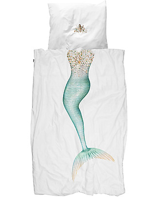 Snurk Bedding Set Duvet Cover and Pillowcase, Mermaid - Single Bed 140 x 200/220 cm - 100% Cotton Duvet Sets