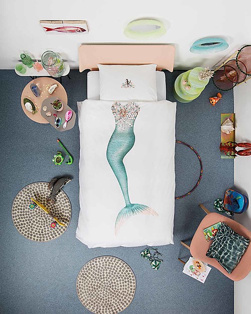 Snurk Bedding Set Duvet Cover and Pillowcase, Mermaid - Single Bed 140 x 200/220 cm - 100% Cotton Duvet Sets