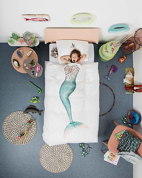 Snurk Bedding Set Duvet Cover and Pillowcase, Mermaid - Single Bed 140 x 200/220 cm - 100% Cotton Duvet Sets