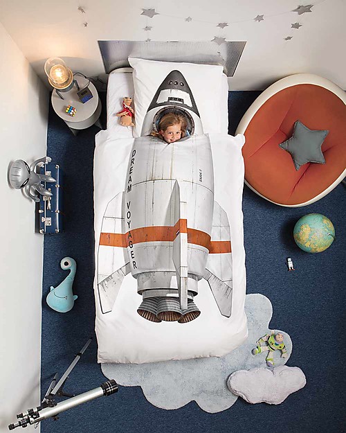 Snurk Bedding Set Duvet Cover and Pillowcase, Rocket - Single Bed 140 x 200/220 cm - 100% Cotton Duvet Sets