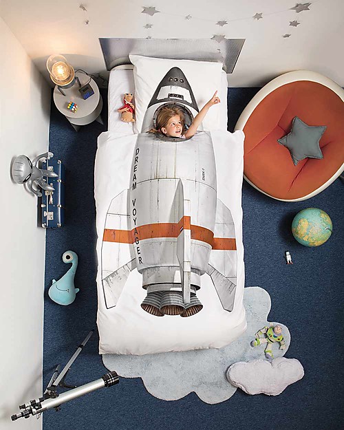 Snurk Bedding Set Duvet Cover and Pillowcase, Rocket - Single Bed 140 x 200/220 cm - 100% Cotton Duvet Sets