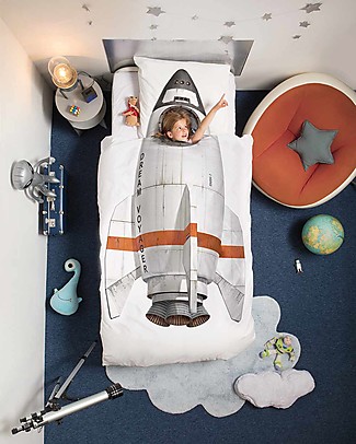 Snurk Bedding Set Duvet Cover and Pillowcase, Rocket - Single Bed 140 x 200/220 cm - 100% Cotton Duvet Sets