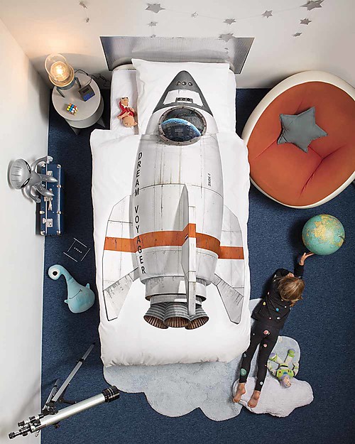 Snurk Bedding Set Duvet Cover and Pillowcase, Rocket - Single Bed 140 x 200/220 cm - 100% Cotton Duvet Sets