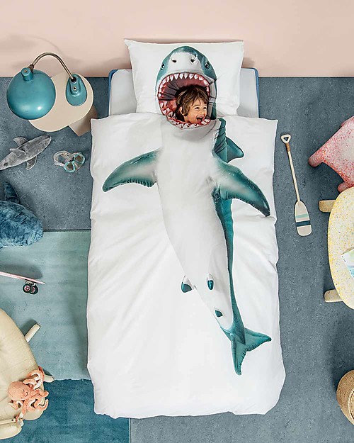 Snurk Bedding Set Duvet Cover and Pillowcase, Shark - Single Bed 140 x 200/220 cm - 100% Cotton Duvet Sets
