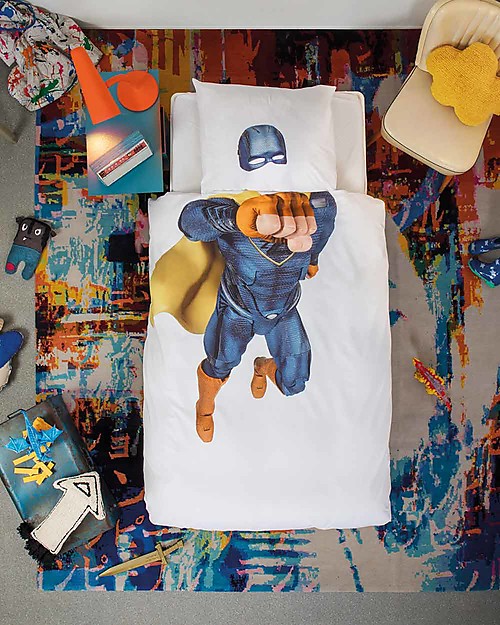 Snurk Bedding Set Duvet Cover and Pillowcase, Superhero - Single Bed 140 x 200/220 cm - 100% Cotton Duvet Sets