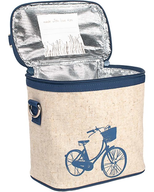 SoYoung Small Raw Linen Cooler Bag, Blue Bicycle - Insulated, machine washable! Kindergarten Backpacks