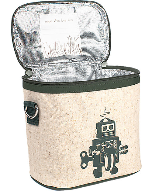 SoYoung Small Raw Linen Cooler Bag, Grey Robot - Insulated, machine washable! Kindergarten Backpacks