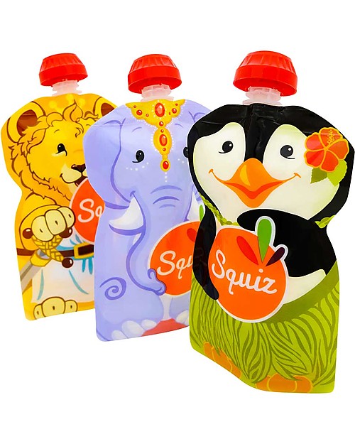 Squiz Set of 3 Eco-friendly Reusable Food Pouches - Elephant, Lion & Penguin - 130 ml Food Containers