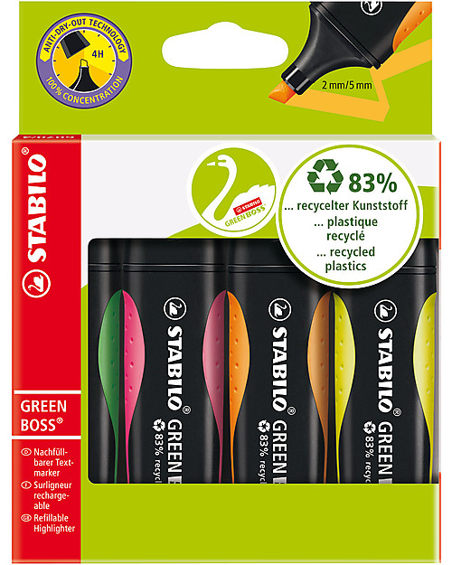 Stabilo Eco Highlighters GREEN BOSS - case of 4 , assorted colours Draw And Color