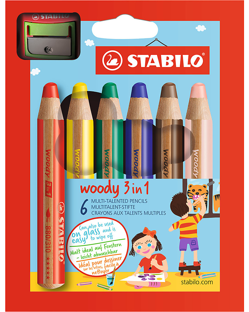 STABILO Woody 3-in-1 Set of 6 w/Sharpener