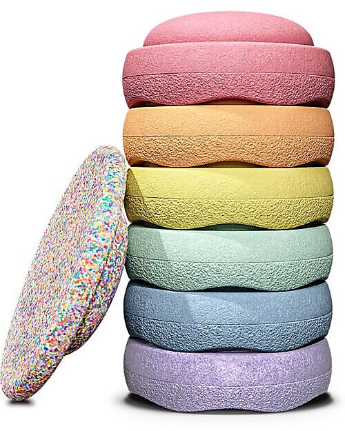 Stapelstein OUTLET - Set of 6 Stackable Elements + Board - Super Confetti Rainbow Pastel - Ideal for balance exercises - Showroom Sample Hair Accessories