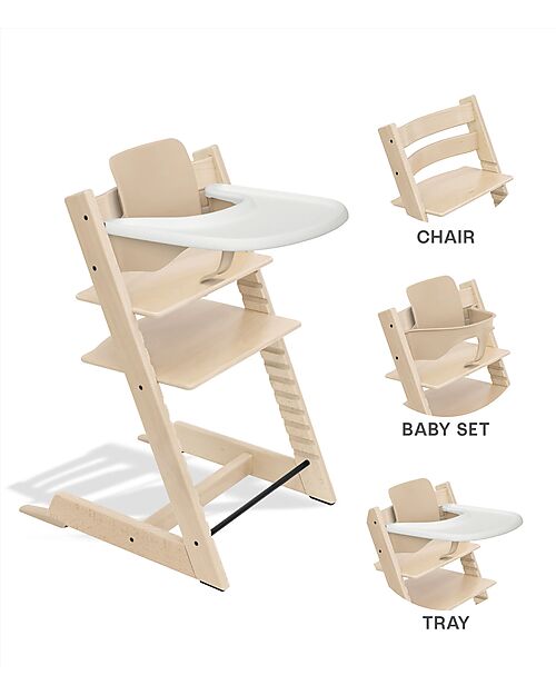 Stokke Beech Wood Tripp Trapp Evolutive Chair Natural + Baby Set and White Tray - 6M+ High Chairs
