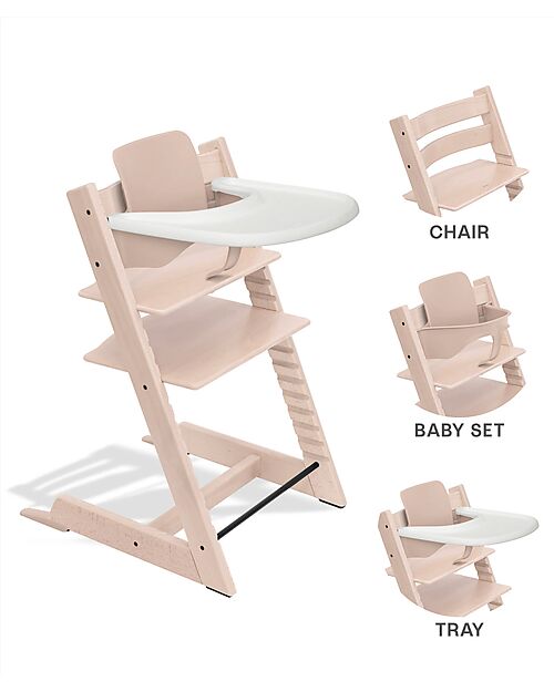 Stokke Beech Wood Tripp Trapp Evolutive Chair Serene Pink and Baby Set + Vanilla Tray - 6M+ High Chairs
