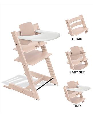 Stokke Beech Wood Tripp Trapp Evolutive Chair Serene Pink and Baby Set + Vanilla Tray - 6M+ High Chairs
