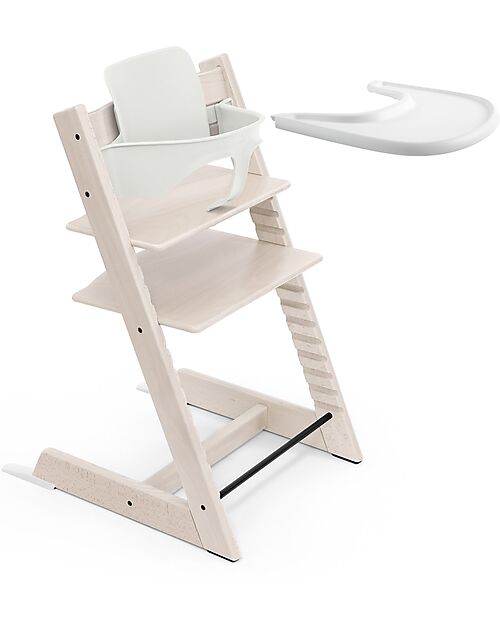 Stokke Beech Wood Tripp Trapp Evolutive Chair White + White Baby Set and Tray - 6M+ High Chairs