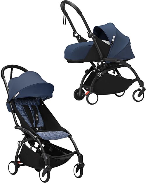 Stokke YOYO3 Stroller Duo - Black Frame + Air France Blue Textile 6+ newborn kit 0+	 Lights Strollers