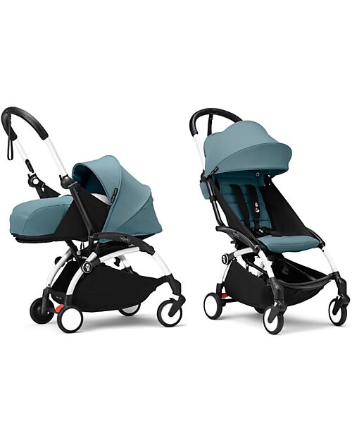 Stokke YOYO3 Stroller Duo - White Frame + Aqua Textile 6+ newborn kit 0+ Trio and Duo Strollers