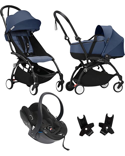 Stokke YOYO3 Stroller Trio - Black Frame + Air France Blue Bassinet 0+ and 6+ Car Seat + Adapters Lights Strollers