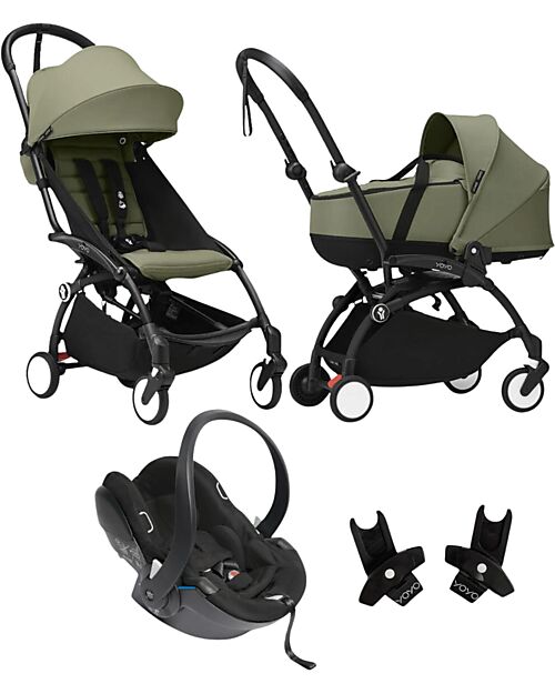 Stokke YOYO3 Stroller Trio - Black Frame + Olive Bassinet 0+ and 6+ Car Seat + Adapters Lights Strollers